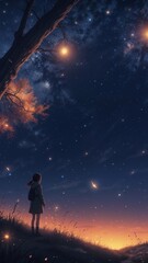 Girl and mystical scene the starry night sky
