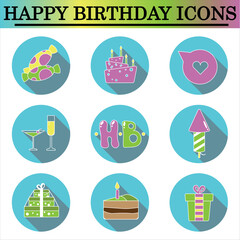 Set of birthday flat icons with shadow on the white background. Celebration icons. Isolated vector.