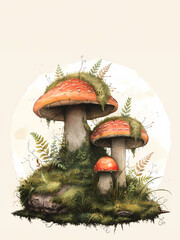 Illustration of mushrooms with moss