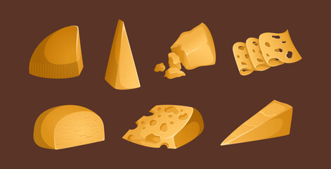 Different types of cheeses on a brown background. Vector illustration. Colorful and bright set in realistic style. Gouda, parmesan, cheddar and other hard cheeses. Slices and rat of cheese. Ideal for