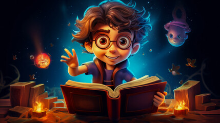Cartoonish young magician reading an ancient spellbook, with magical elements floating around.