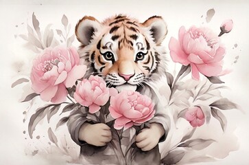 Watercolor illustration of a striped orange baby tiger with pink flowers. Concept for birthday cards, posters, stickers. AI generated