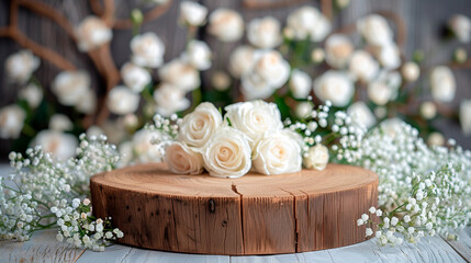 Wedding background with a wooden platform and white roses