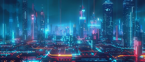 Neon lights illuminate a futuristic cityscape in this technology background template