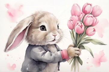 Watercolor illustration of baby rabbit with pink tulip flowers. Concept for birthday cards, posters, stickers. AI generated