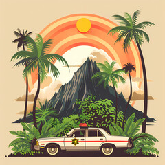 Illustration of a police car with a volcano and palm trees