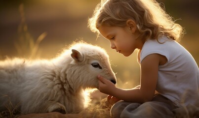 Innocent young girl gently touching a lamb's nose in a peaceful outdoor setting illuminated by the warm glow of sunset, representing the special connection between humans and animals