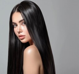 Naklejka premium Beautiful woman with long black straight hair, sleek and shiny, set against a white background for easy removal of the model's face from the photograph