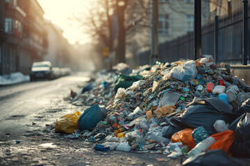Overflowing waste piles of garbage on streets city during a garbage strike. AI Generative
