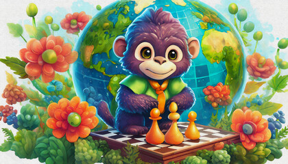 oil painting style CARTOON CHARACTER CUTE baby gorilla game of chess .  - obrazy, fototapety, plakaty