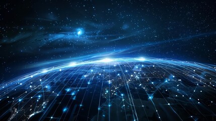 The global communication network sprawls like a web across the template