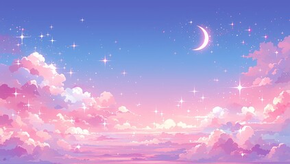 Cute pink pastel cartoon sky with clouds and stars background 