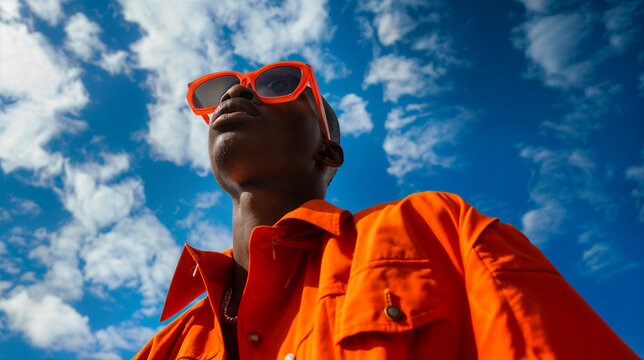 Young stylish black man model wearing sunglasses and posing for edgy and modern fashion editorial against the sky. Conceptual photo. Haute couture contemporary trends in orange colors
