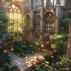 A medieval cathedral with towering spires, intricate stained glass windows, and a peaceful courtyard.