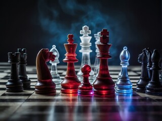 Luxurious, richly decorated chess pieces on the game board.