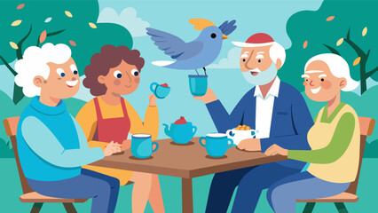 A group of elderly birdwatchers gathered around a picnic table sipping on iced tea as they excitedly discuss the warblers and bluebirds theyve spotted. Vector illustration