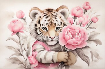Watercolor illustration of a striped orange baby tiger with pink flowers. Concept for birthday...