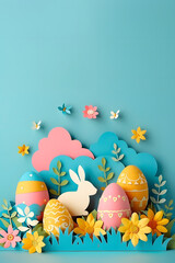 Paper cut out Easter composition of bunny, eggs and flowers 