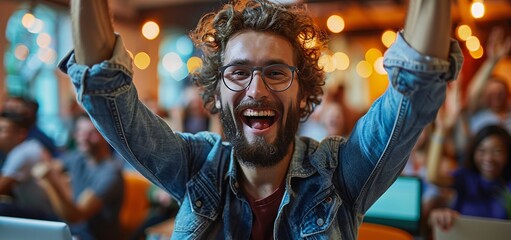 Exuberant Celebration at a Social Gathering, Young Man Cheering with Joy