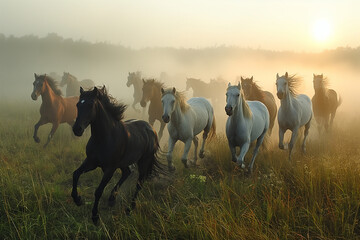 Herd of horses galloping over a hill, ai technology