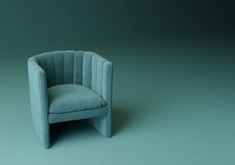 Single armchair in monochrome turquoise blue. Minimal luxury studio 3d illustration with copy space.