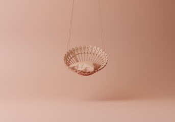 Interior luxury swing chair. Pink rope swing with cushion in monochrome pink isolated on pastel pink. Minimal 3D rendering illustration with copy space. Creative fashion concept for relax and resting.