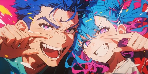Closeup of two people, an anime boy with blue hair and purple eyes in the left corner, wearing sportswear and laughing heartily while making funny faces