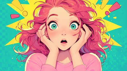 comic pop art style, woman with red hair in pink shirt looking shocked and surprised 