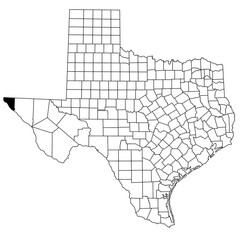Map of El Paso County in Texas state on white background. single County map highlighted by black colour on Texas map. UNITED STATES, US