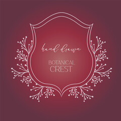 Wedding Crest floral Line Art Design. Botanical Crest Line Drawing. Greenery Line Art, Leaf and Branches Crest. Floral Frame line Art. Monogram Logo Crest