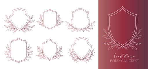Wedding Crest floral Line Art Design. Botanical Crest Line Drawing. Greenery Line Art, Leaf and Branches Crest. Floral Frame line Art. Monogram Logo Crest