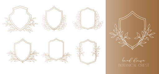 Wedding Crest floral Line Art Design. Botanical Crest Line Drawing. Greenery Line Art, Leaf and Branches Crest. Floral Frame line Art. Monogram Logo Crest