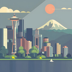 Illustration of a city with buildings, cars and trees in flat style 