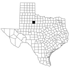 Map of Stonewall County in Texas state on white background. single County map highlighted by black colour on Texas map. UNITED STATES, US
