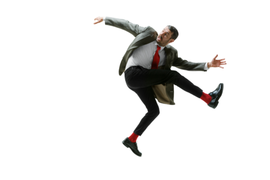 Quitting jobs. Emotional man in a suit expressing funny face, standing in dynamic pose isolated on transparent background. Concept of human emotions, employment, business, stress, mental health