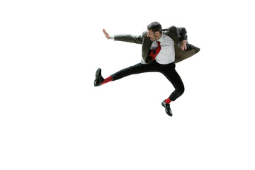 Rejecting new rules. Employee on formalwear jumping in dynamic pose with angry face isolated on transparent background. Concept of human emotions, employment, business, stress, mental health