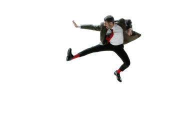 Rejecting new rules. Employee on formalwear jumping in dynamic pose with angry face isolated on transparent background. Concept of human emotions, employment, business, stress, mental health