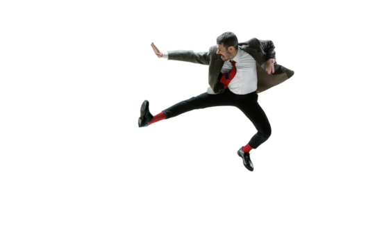 Rejecting new rules. Employee on formalwear jumping in dynamic pose with angry face isolated on transparent background. Concept of human emotions, employment, business, stress, mental health