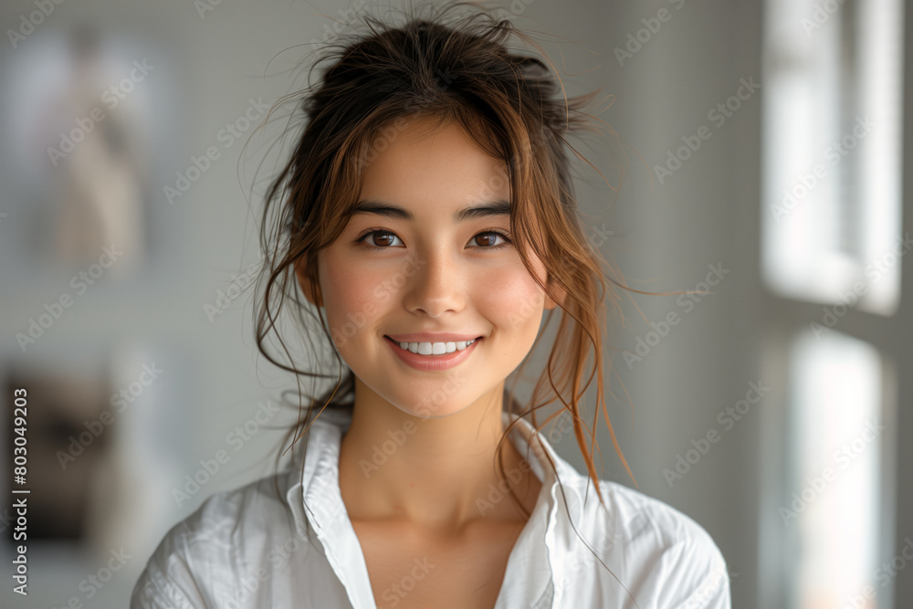 Wall mural close-up portrait of an asian woman with a genuine smile on her face, against white room blurred bac