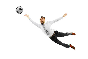 Emotional businessman in formal wear in dynamic pose, jumping and catching ball isolated on...