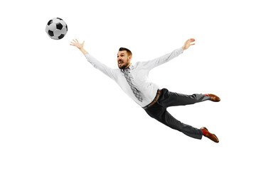 Emotional businessman in formal wear in dynamic pose, jumping and catching ball isolated on transparent background. Concept of human emotions, sport, hobby, leisure activity, business