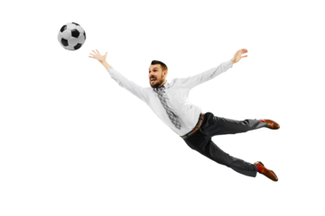Emotional businessman in formal wear in dynamic pose, jumping and catching ball isolated on transparent background. Concept of human emotions, sport, hobby, leisure activity, business