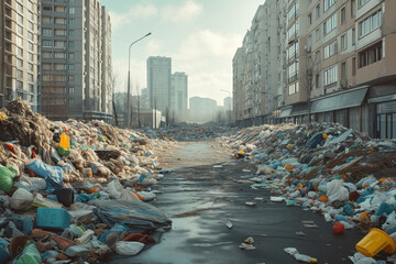 Garbage strike in city is characterized by overflowing piles of garbage on streets. AI Generative