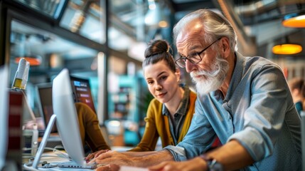 Intergenerational teamwork in a tech environment, with an elderly expert advising a younger employee.