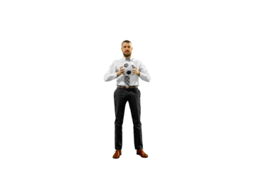 Young man, businessman in formal wear standing with ball isolated on transparent background. Leisure between work. Concept of human emotions, sport, hobby, leisure activity, business