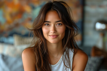 Close-up portrait of smiling Asian female model with a minimalist blurred interior background