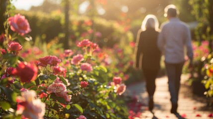 Obraz premium Elderly couple walking through a romantic rose garden at sunset, ideal for themes of love and aging together.