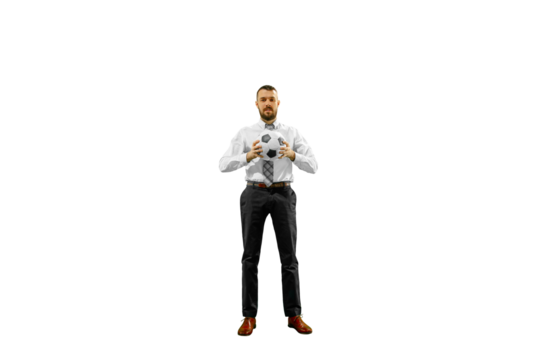 Young man, businessman in formal wear standing with ball isolated on transparent background. Leisure between work. Concept of human emotions, sport, hobby, leisure activity, business