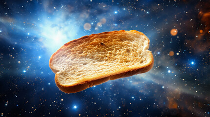 A solitary bread slice meanders through the cosmos, amid celestial bodies.