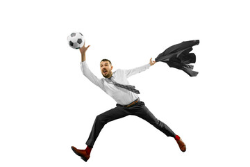 After work leisure. Businessman in formal wear running and playing with football ball isolated on...